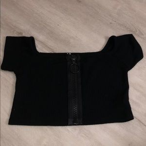 Black Cropped Off the Shoulder Zip Up LF Top